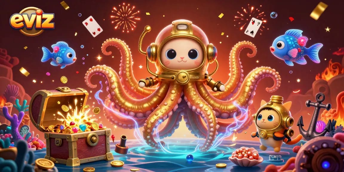 eviz showcases a vibrant and dynamic scene of a kraken and diving cat in a casino themed adventure.