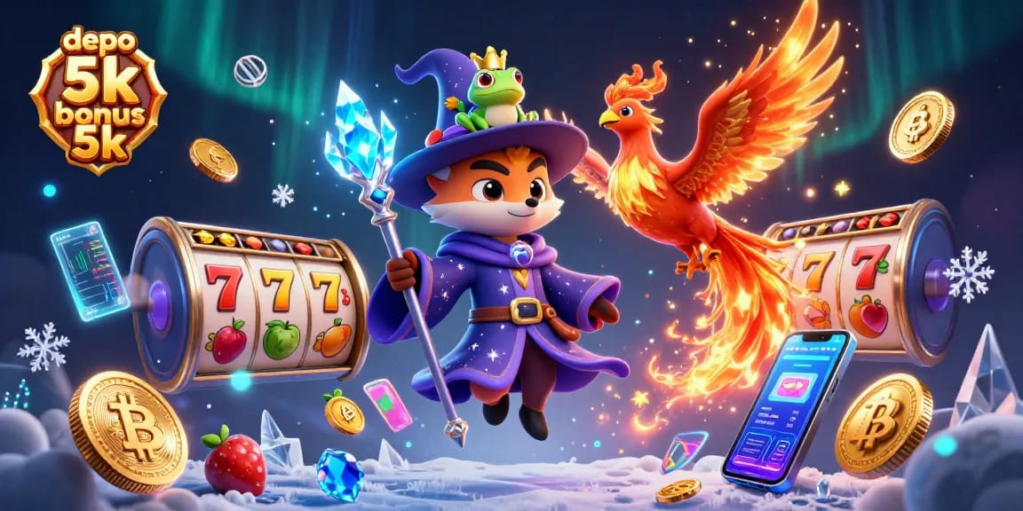 Play with depo 5k bonus 5k in an engaging casino setting featuring a wizard fox and phoenix.