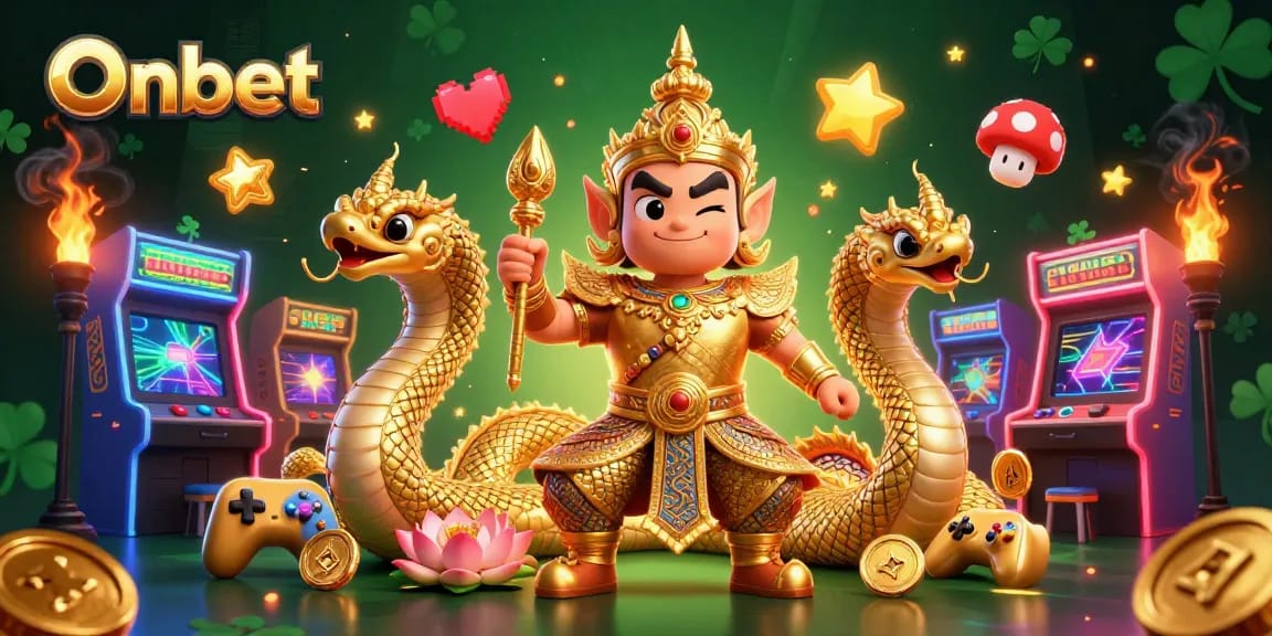 Play exciting games at Onbet with colorful casino elements, golden guardians, and vibrant energies.