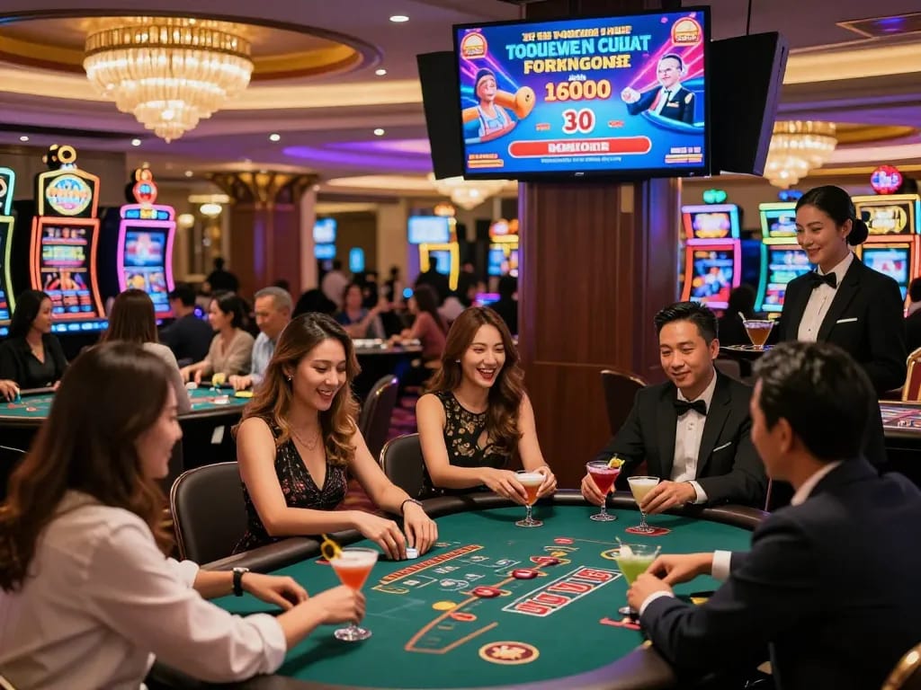 Exciting casino hong kong scene with friends playing games and enjoying cocktails under vibrant neon lights.