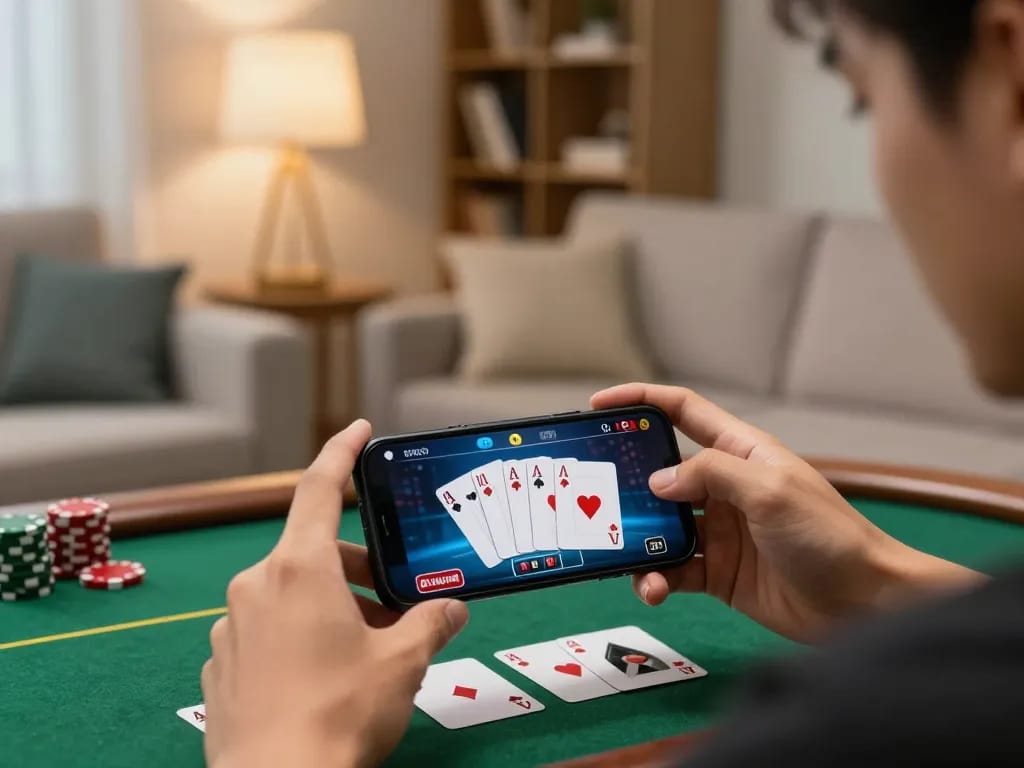 Player enjoying online gaming with sc88e on smartphone in a cozy setting.