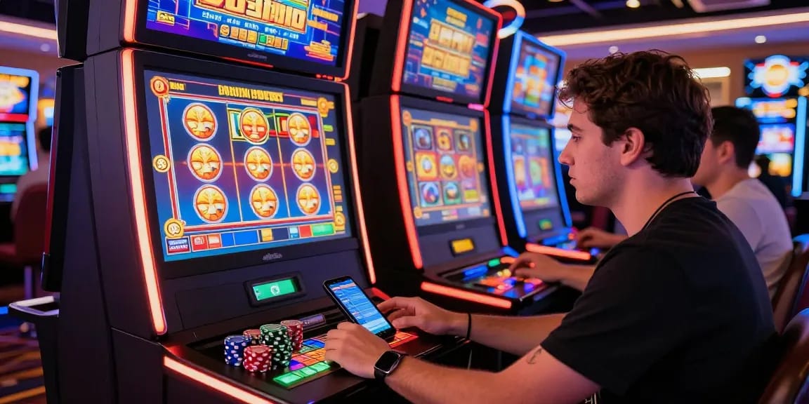 Player engaging with bonus buy slots at a vibrant casino gaming station, surrounded by chips and a smartphone for instant access.