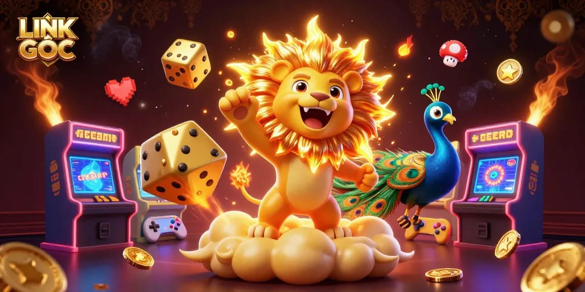 Experience LINK GỐC with a vibrant 3D illustration showcasing casino elements and characters.