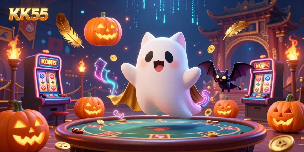 Engage with KK55’s thrilling casino atmosphere, featuring a ghost cat and vampire bat in action.