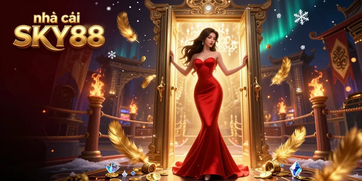 Experience the excitement of nhà cái SKY88 with a stunning illustration featuring a beautiful Asian woman in a VIP casino doorway.