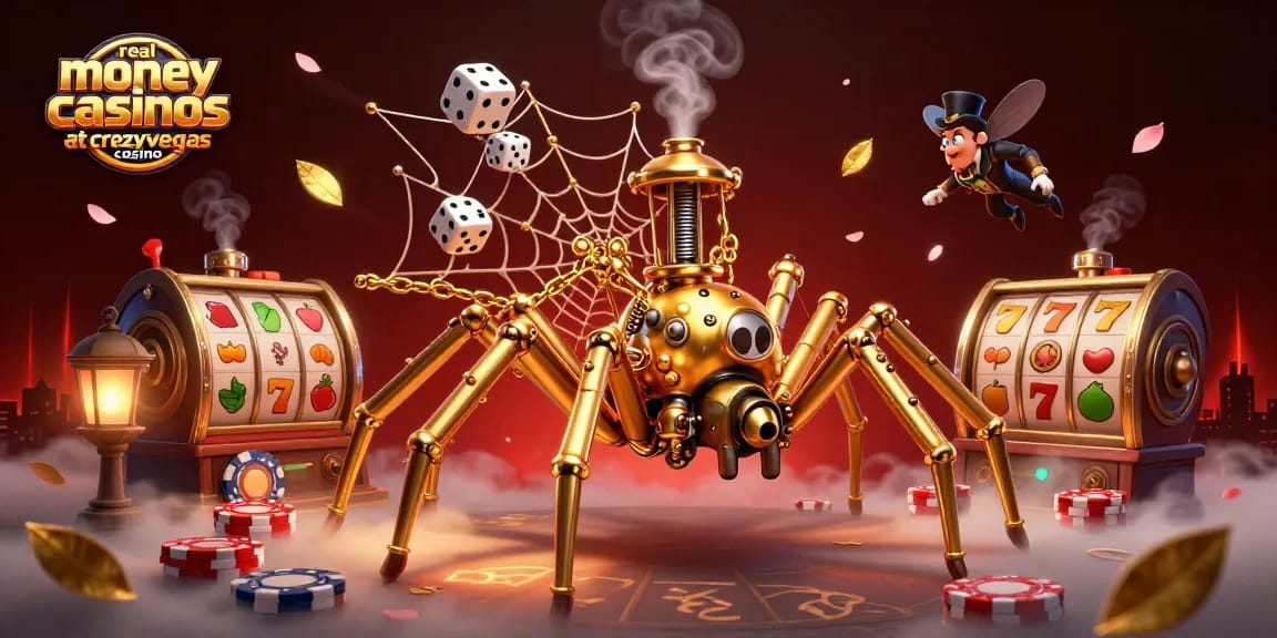 Experience the thrill of real money casinos at crazyvegas casino with a captivating steampunk spider scene.