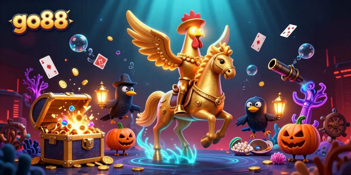 Engage with go88 through an exciting casino adventure featuring a golden rooster and floating treasures.