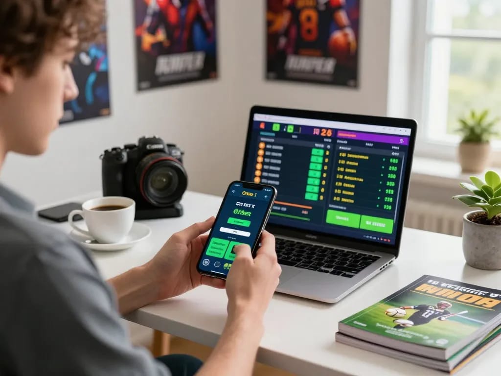 User engaging with the Onbet app on a smartphone in a modern home office setup, showcasing excitement of online betting.