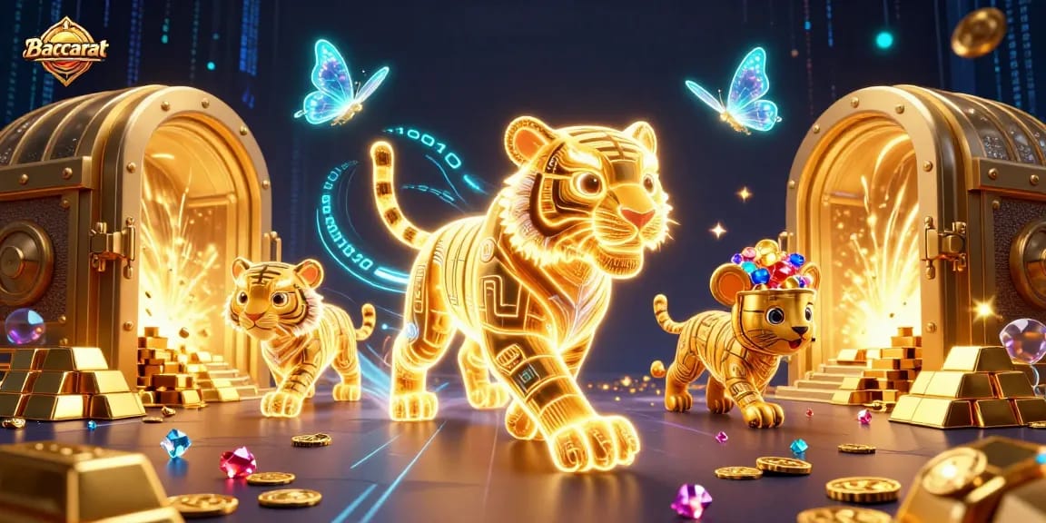 Baccarat game scene with a glowing tiger and treasures highlighting the excitement of online casino gambling.