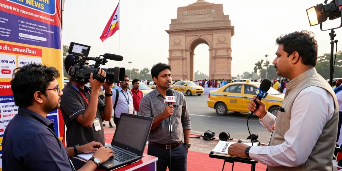Live news conference at India Gate showcasing diverse journalists covering hot topics from https://www.theindaily.com.