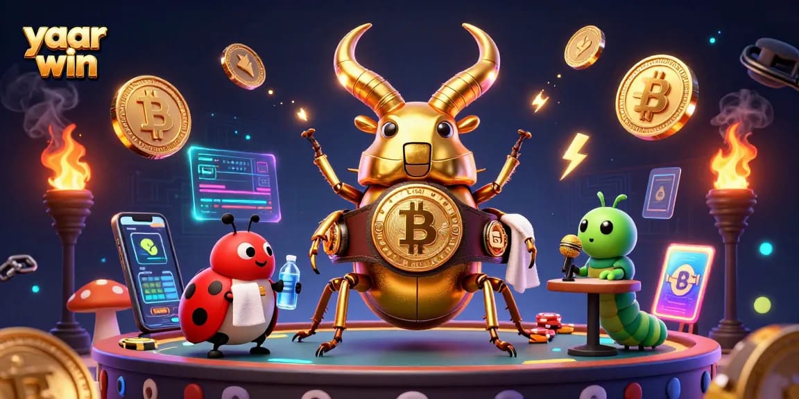 Engage with yaar win at the casino featuring vibrant characters and crypto-themed elements.
