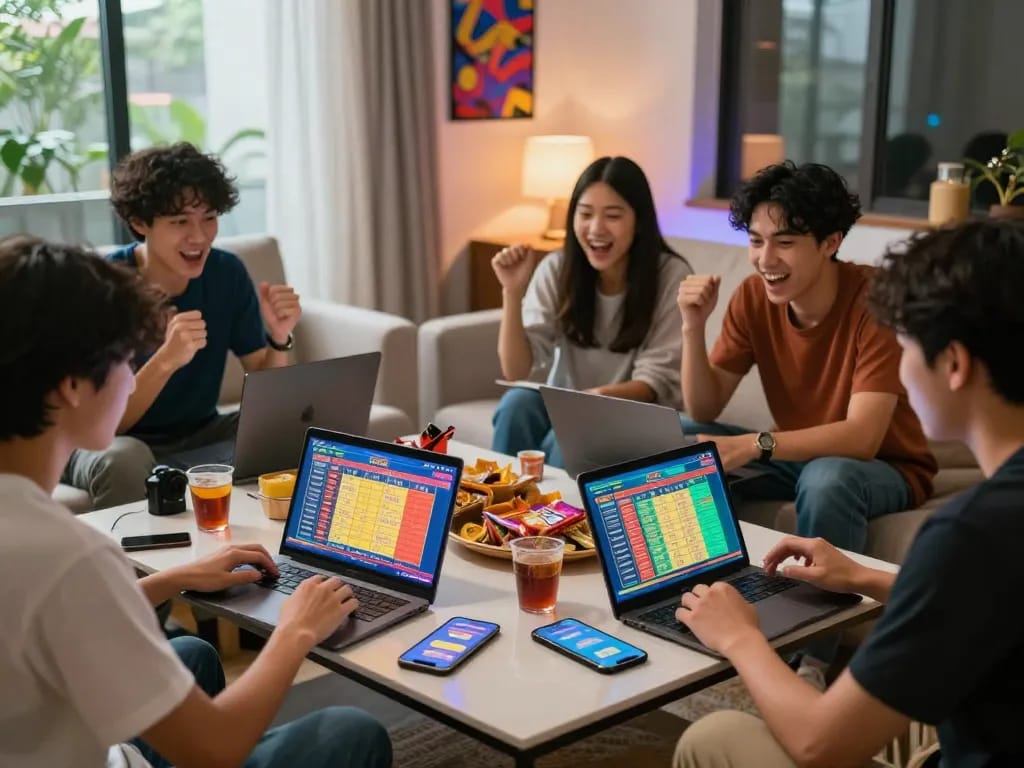 Situs bandar togel singapore hongkong players enjoying a lively game night with snacks, devices, and excitement.