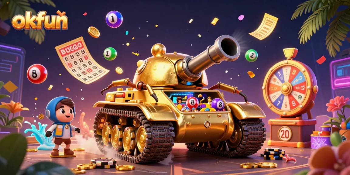 Experience thrilling excitement at okfun's unique casino atmosphere with a vibrant 3D scene.