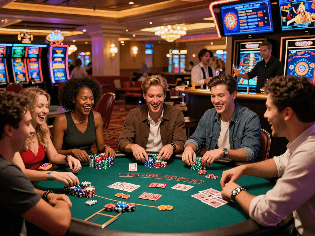 Friends celebrating at a gaming table in usa online casinos with colorful chips and neon lights.