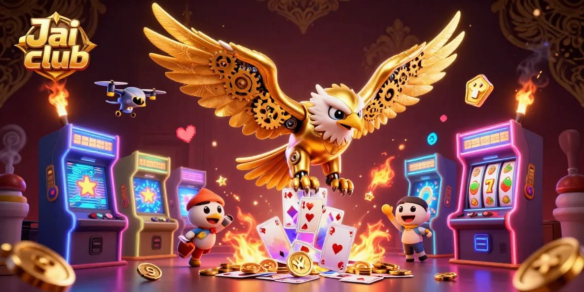 Experience the thrill of Jai club with a dynamic 3D illustration featuring gaming excitement and rewards.