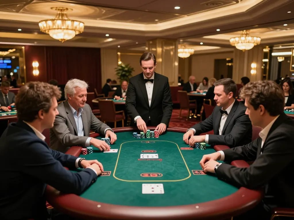 Players strategizing at a poker table featuring the TT88 gaming experience, showcasing a high-stakes atmosphere