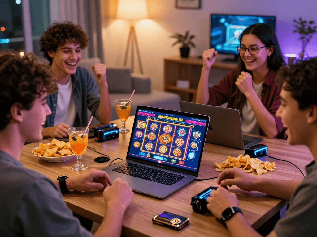 Engaging online gaming scene with players exploring non-UK casinos at https://ghsc.co.uk, enjoying vibrant slot games and cocktails.