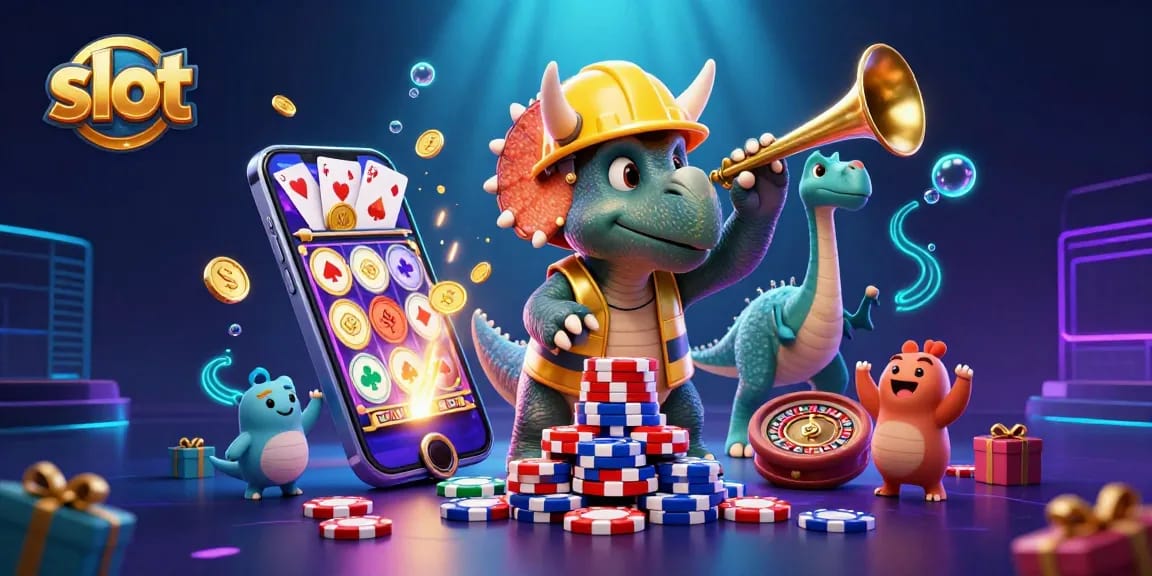 Mencoba keberuntungan slot dengan triceratops membangun tumpukan chip poker di kasino yang penuh warna.