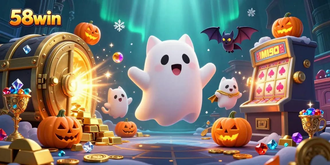 Experience thrilling adventures at 58win with ghostly characters amidst vibrant casino treasures.