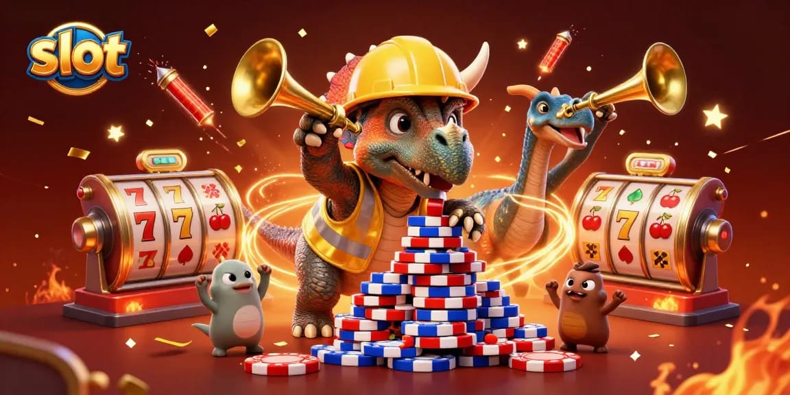 Menangkan slot dengan tantangan unik dari triceratops dan perayaan dengan konfeti merah dan emas.