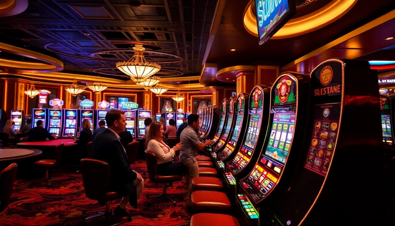 Engaged players celebrating wins at slot gacor hari ini in a vibrant casino atmosphere.