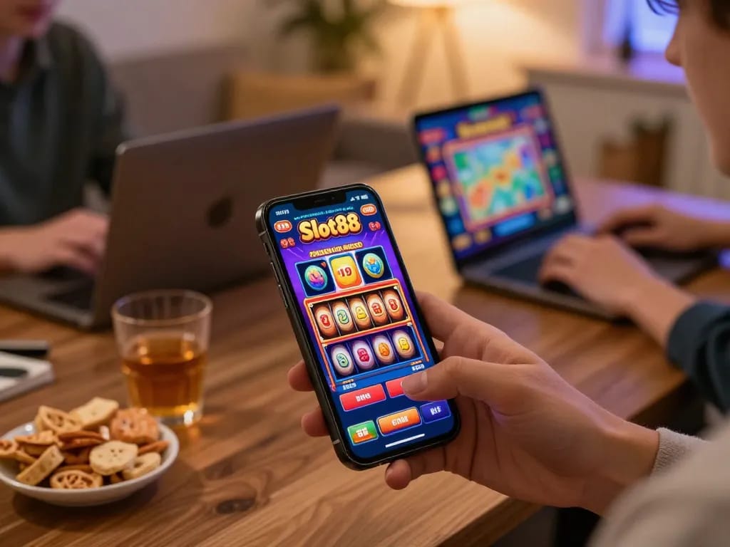 Players enjoying Slot88 online gaming with colorful graphics in a cozy home setup
