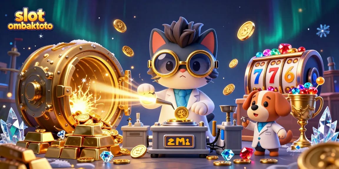 Join the excitement at slot ombaktoto with a vibrant 3D illustration of a mad scientist cat and loyal dog surrounded by treasures.