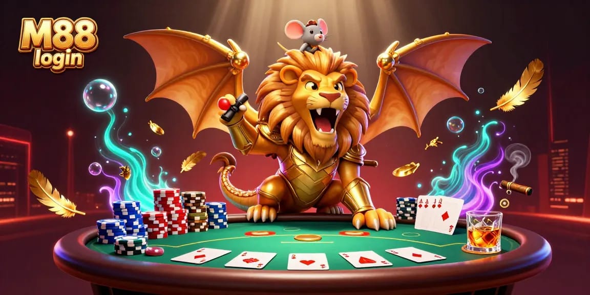 Experience M88 login with this dynamic 3D scene showcasing epic poker action and vibrant gaming elements.