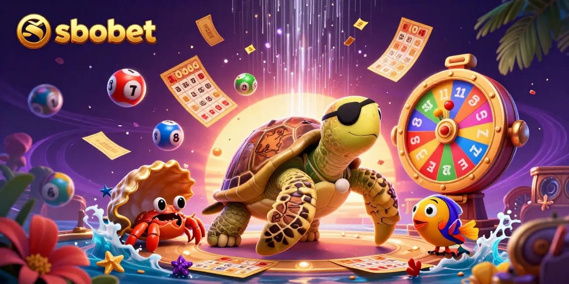 Engage with sbobet's vibrant casino scene featuring a pirate turtle, crab, and colorful lottery elements.