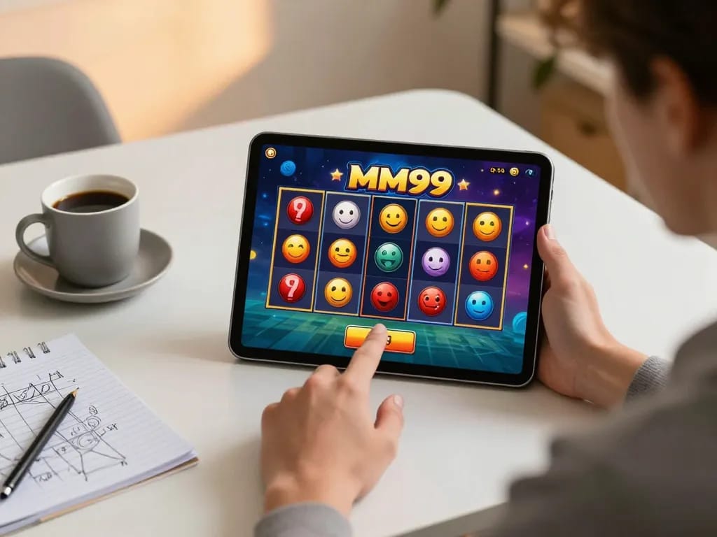 Engage with MM99 Slot game on a tablet, showcasing strategic gameplay at home