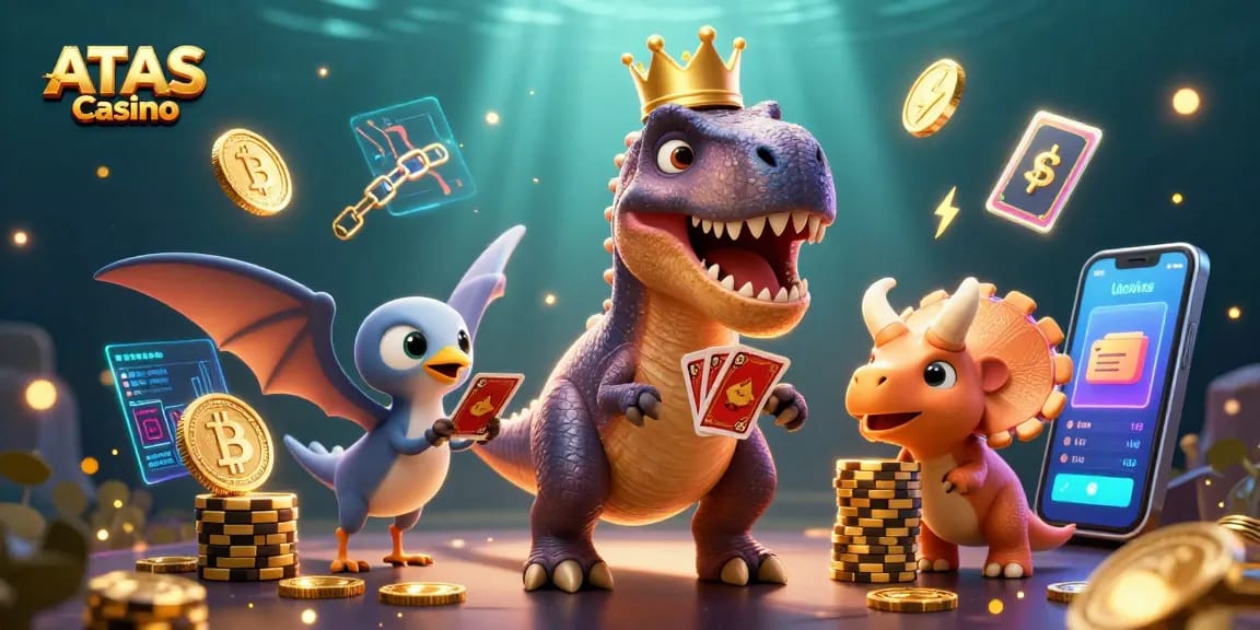 Experience exciting gaming at ATAS Casino with fun characters and vibrant casino elements.