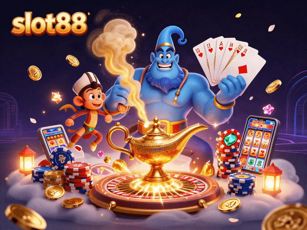 Engage with slot88's exciting world featuring a genie, poker elements, and vibrant casino visuals.