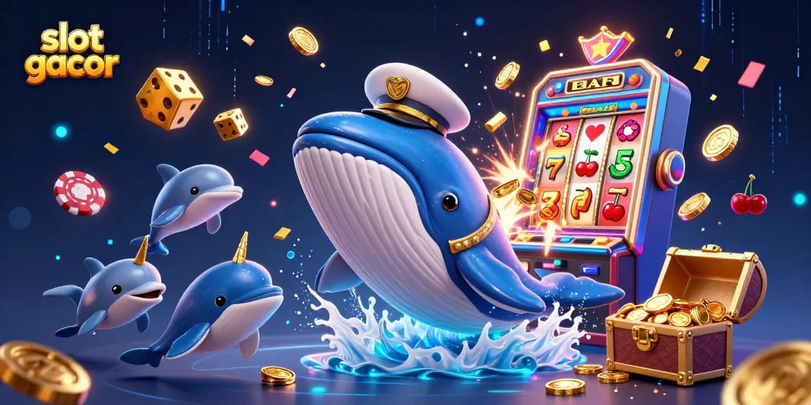 Experience slot gacor excitement with a mythical scene of playful creatures and casino elements.