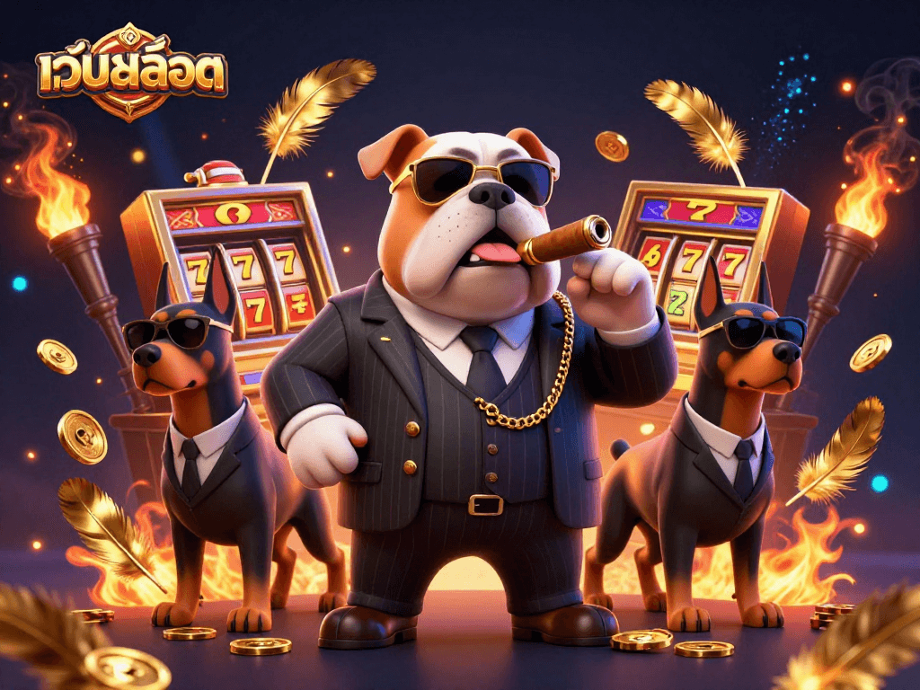 Experience thrilling เว็บสล็อต action with a mafia bulldog boss and his bodyguard Dobermans surrounded by slot game elements.