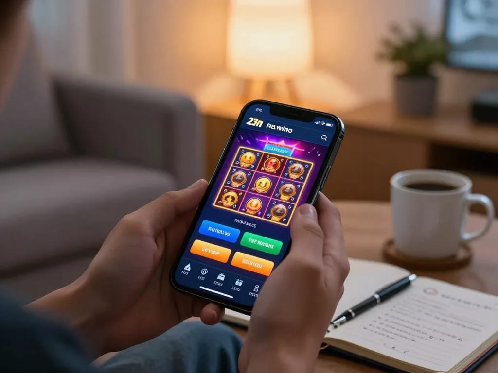 Engaging with 23win casino app on smartphone, showcasing a cozy gaming atmosphere.