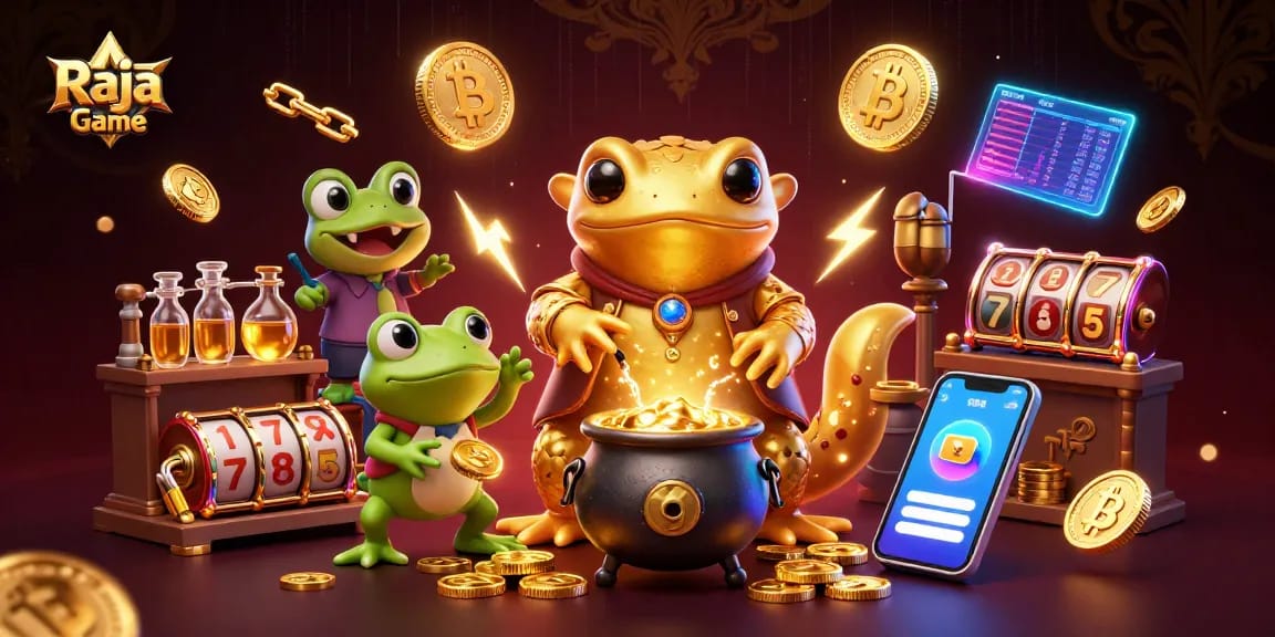Engage with Raja Game by playing exciting casino games, featuring golden characters and digital elements.