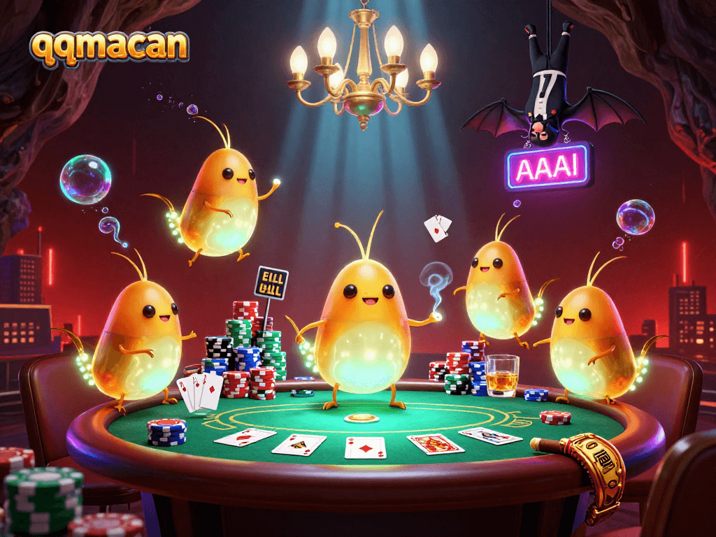 Experience the excitement of QQmacan casino gaming with vibrant bioluminescent glowworms and a bat dealer.