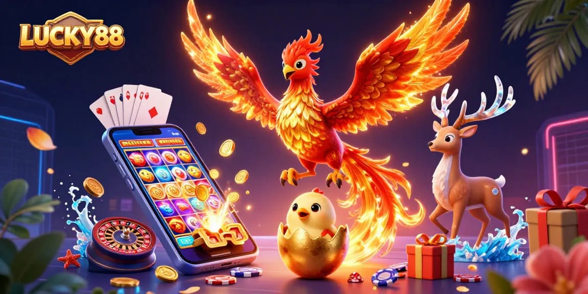 Experience the thrill of LUCKY88 with a vibrant 3D casino scene featuring dynamic characters and slot game action.