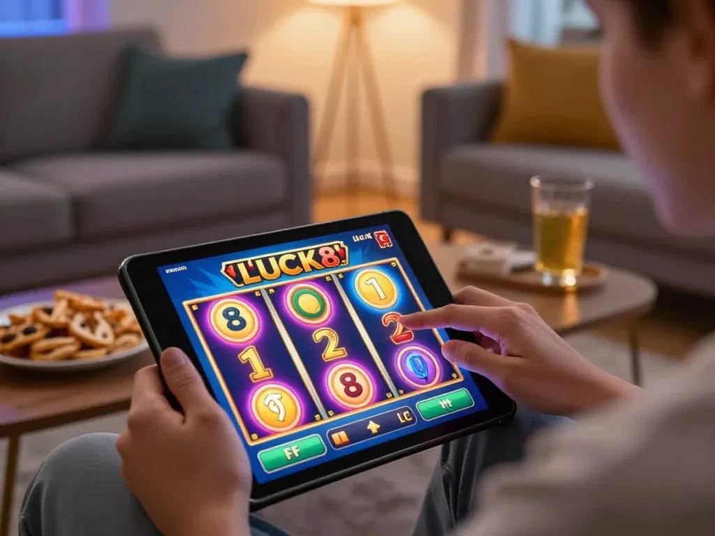 Người dùng ứng dụng Luck8 ăn mừng chiến thắng trò chơi slot trên máy tính bảng trong một không gian ấm cúng tại nhà.