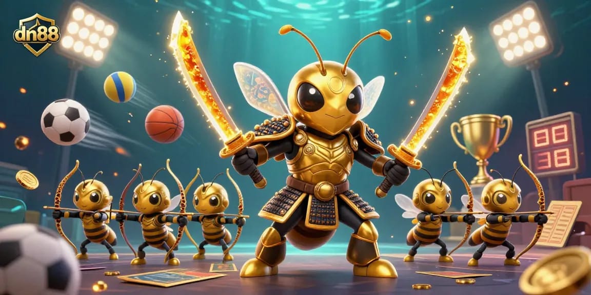 Experience thrilling gameplay with dn88's 3D casino-inspired illustration featuring golden hornet samurai and dynamic sports elements.