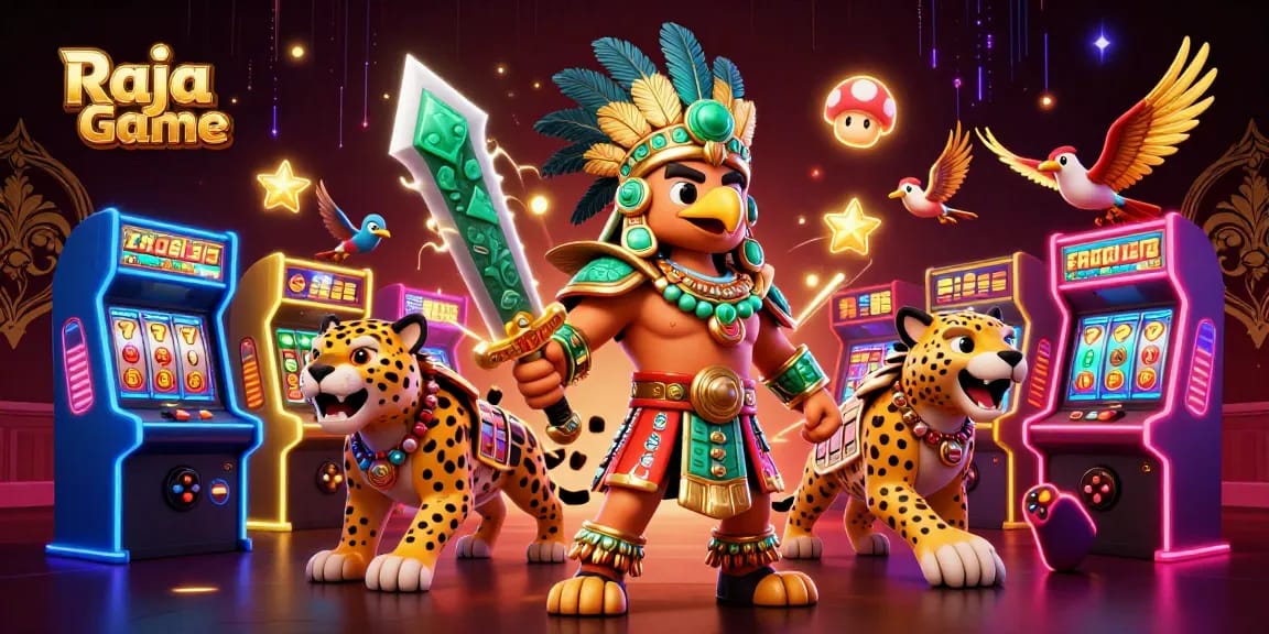 Experience thrilling wins on Raja Game with a vibrant 3D scene filled with colorful gambling elements.