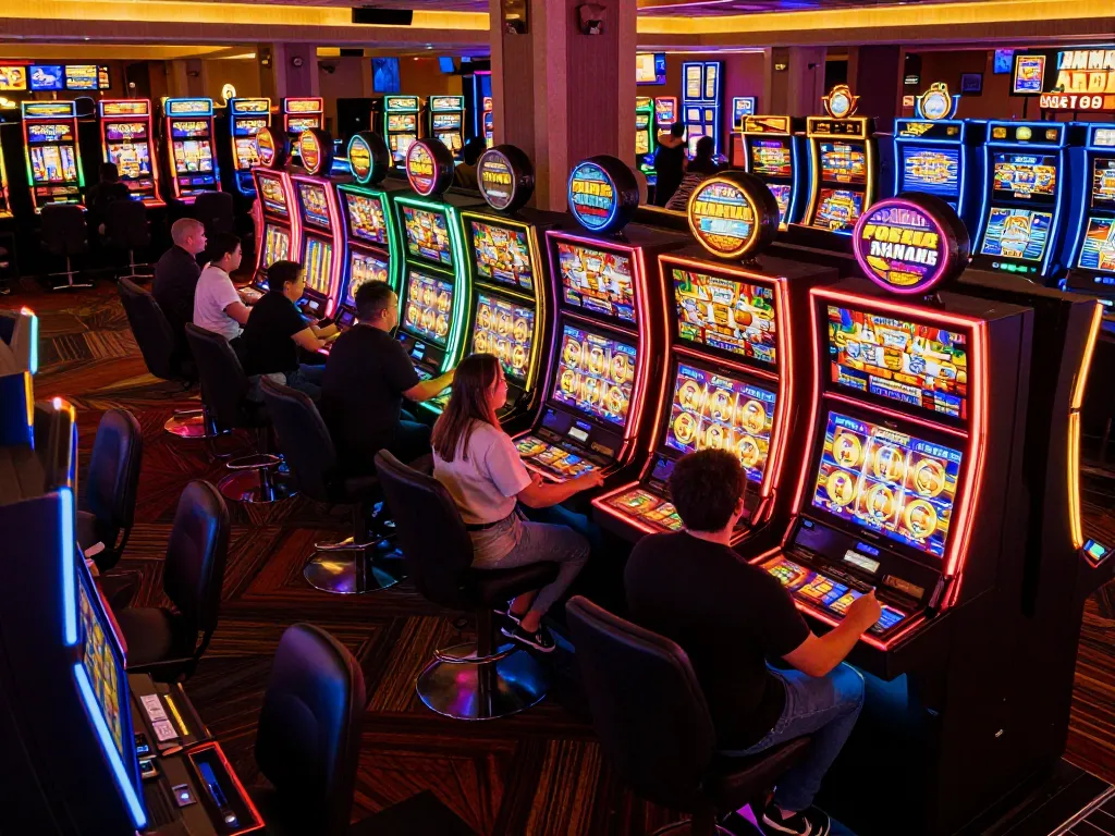 Engaged players celebrating wins at slots not on gamstop in a colorful casino environment.