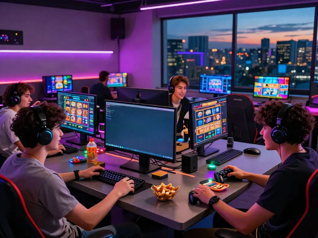 Friends enjoying online casino games featuring A80 platform in a vibrant gaming lounge