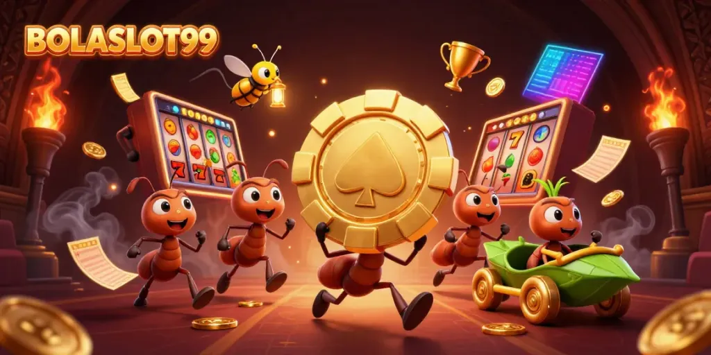 Ants heist in a casino-themed world featuring BOLASLOT99 with vibrant slot elements.