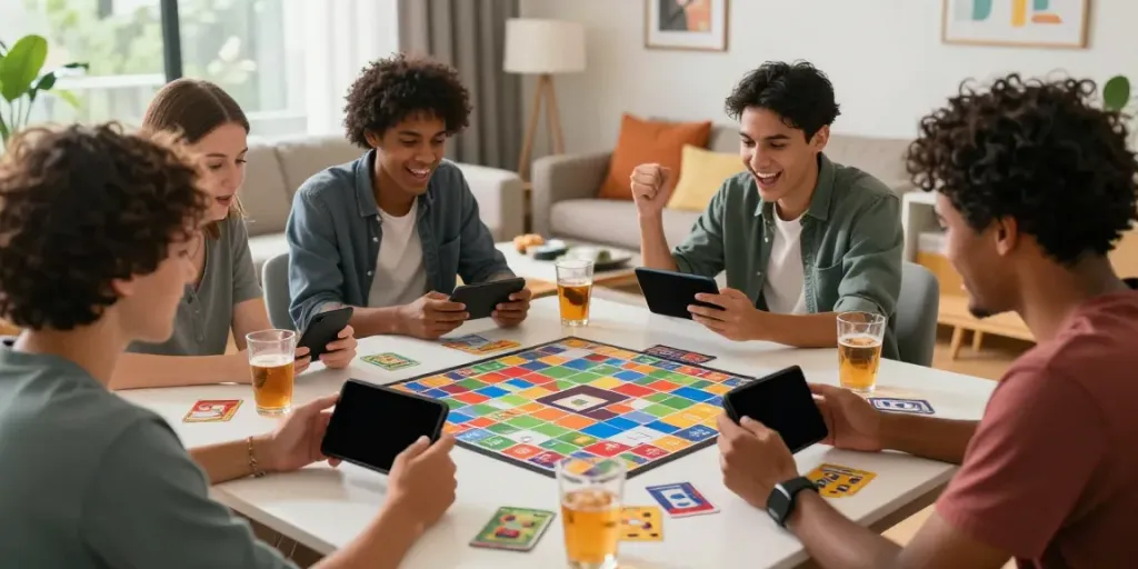 Friends enjoying a lively game of Rumble Rummy on smartphones in a cozy living room.