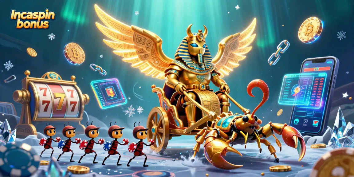 Claiming the Incaspin bonus with a vibrant scene featuring a golden scarab beetle, gaming elements, and lively atmosphere.