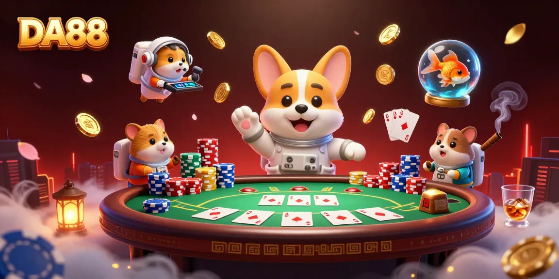 Engage with DA88 casino action featuring a corgi astronaut, poker elements, and vibrant cosmic scene.