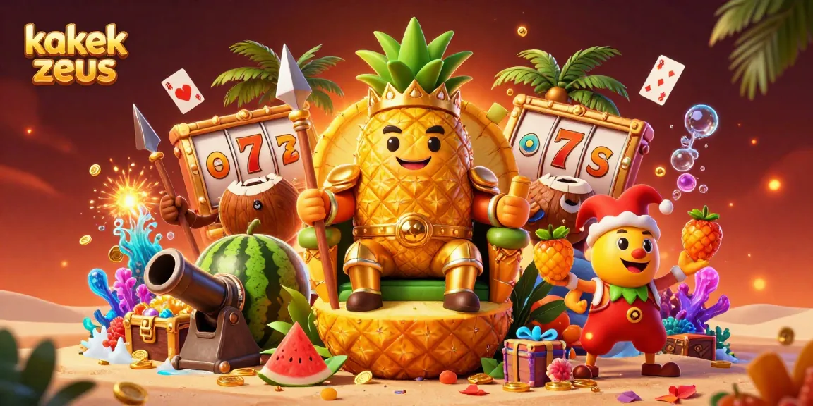 Experience the adventurous kakek zeus in a vibrant casino scene packed with golden coins and slot elements.