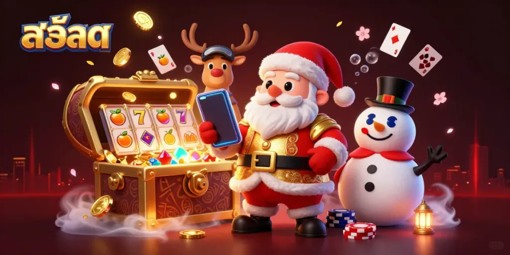 Experience the thrill of สล็อต with festive 3D characters amid exploding treasures and glitzy casino elements.