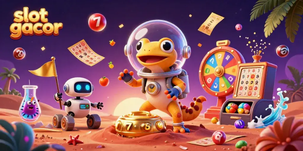 Engaging 3D illustration of a Martian gecko discovering slot gacor treasures, creating excitement in casino gaming.